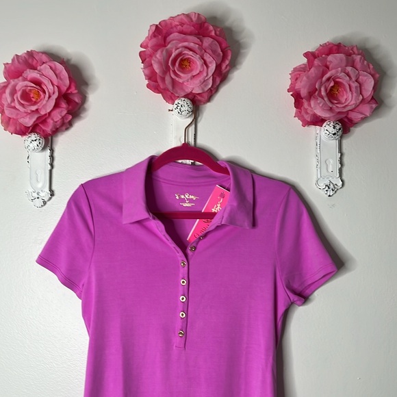 Lilly Pulitzer Reema Short Sleeved Polo Top in color Crocus Petal, size Medium - Picture 4 of 13